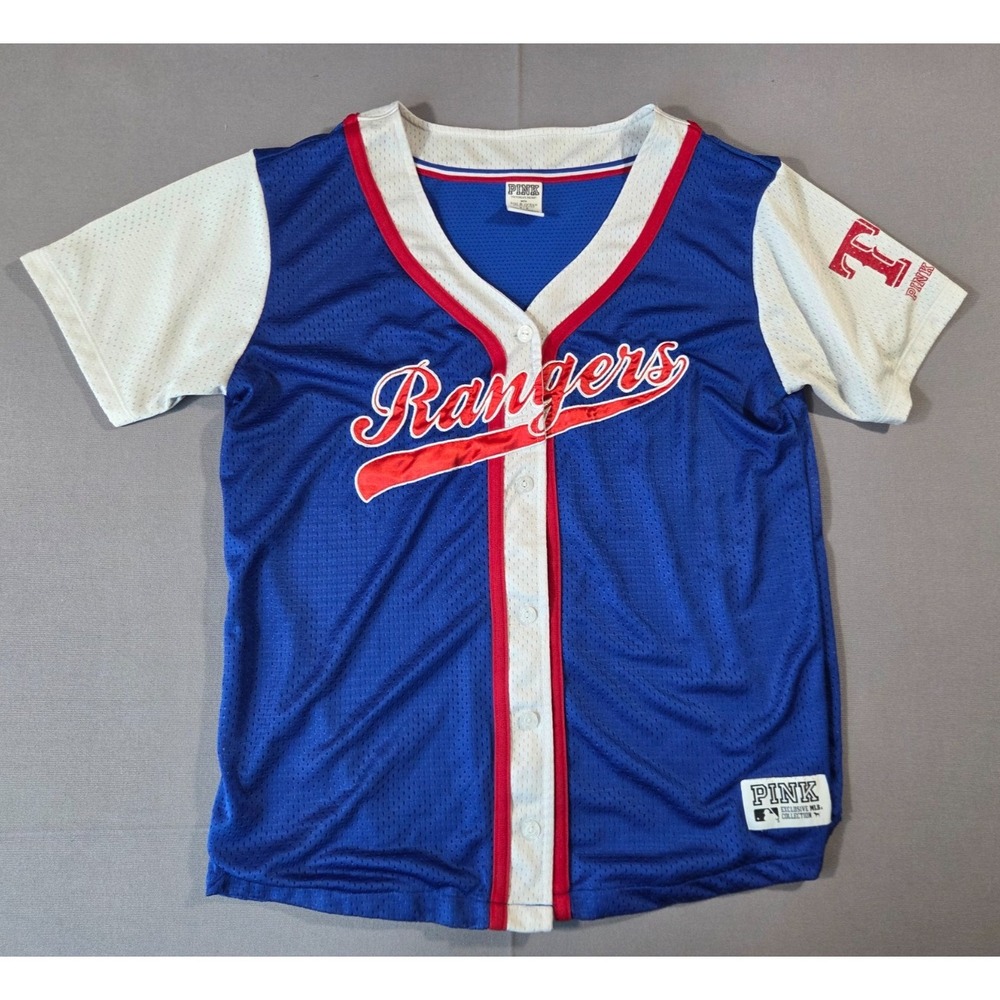 Victorias Secret PINK Jersey Womens Small Blue Red Texas Rangers Baseball Shirt